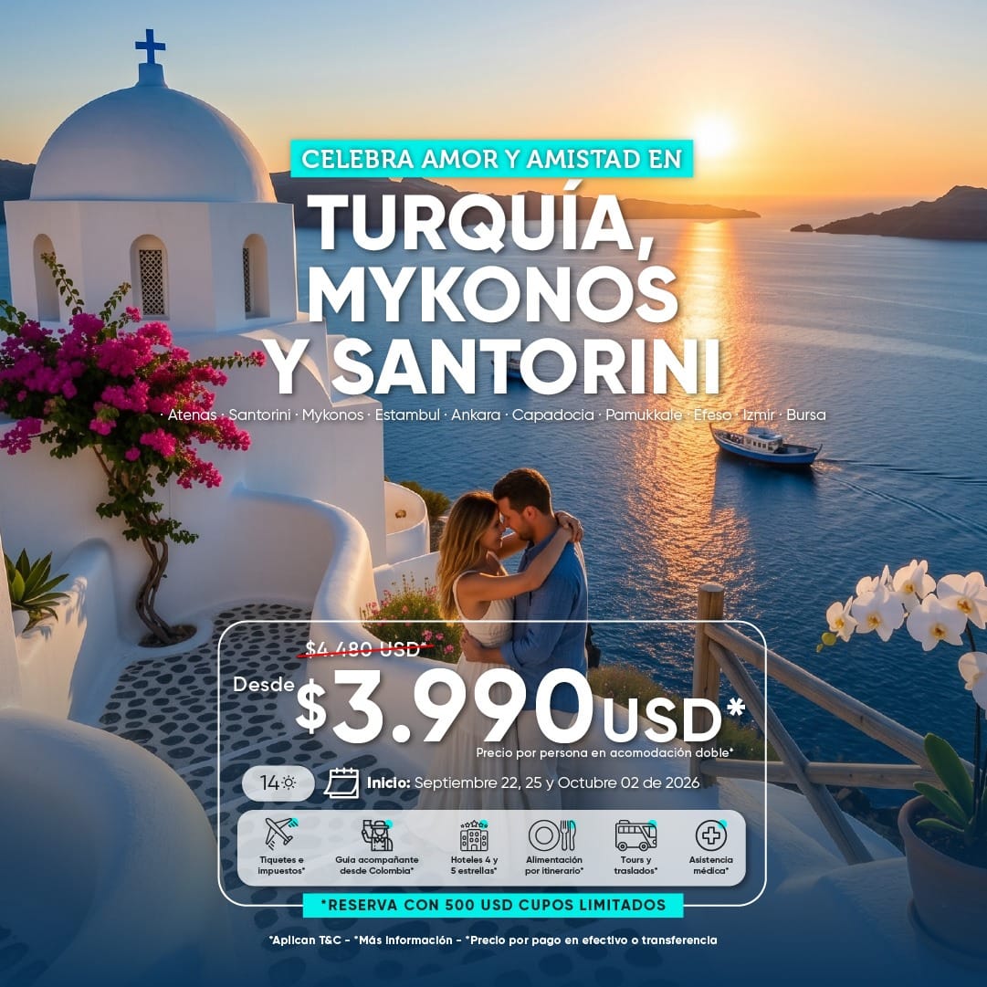 Arte promocional del paquete Turquía Mykonos y Santorini 2026